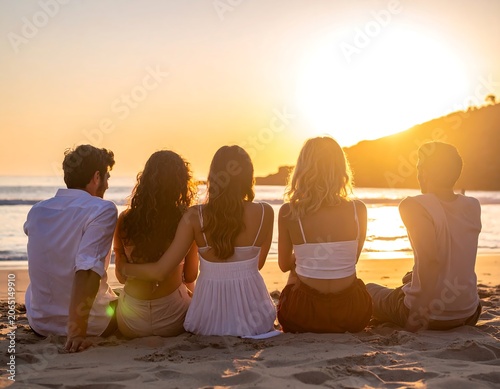 A group of five friends sitting on a beach at sunset
