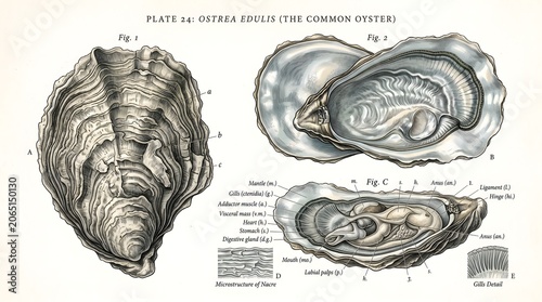Vintage zoological illustration of ostrea edulis common oyster shell and anatomy