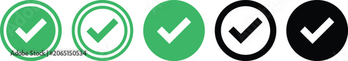 Set of green and black check mark icons in round badges for task completion status with validation approval interface complete checkbox isolated collection verified accepted