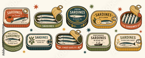 Collection of vintage sardine cans with various flavors and designs