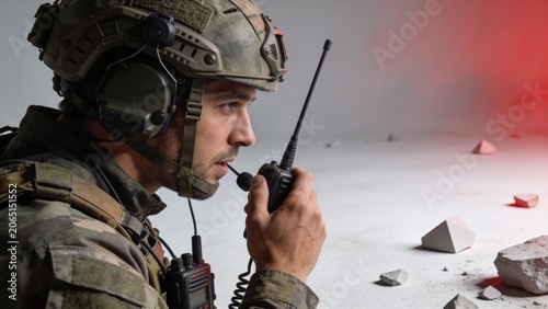 Special Forces Soldier Using a Tactical Radio Amidst Ruins of a War Zone