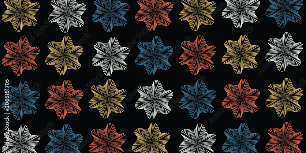 Fototapeta premium Abstract Geometric Floral Line Art Seamless Pattern on Black Background