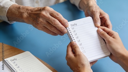 Elderly Person and Caregiver Reviewing a Daily Health Checklist Notebook