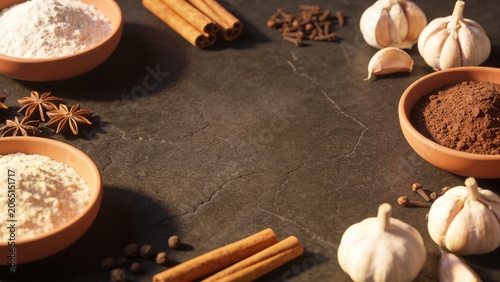 Assorted Organic Spices and Culinary Ingredients on Dark Stone Background
