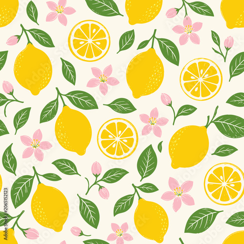 Vibrant seamless pattern of yellow lemons with pink blossoms and green leaves