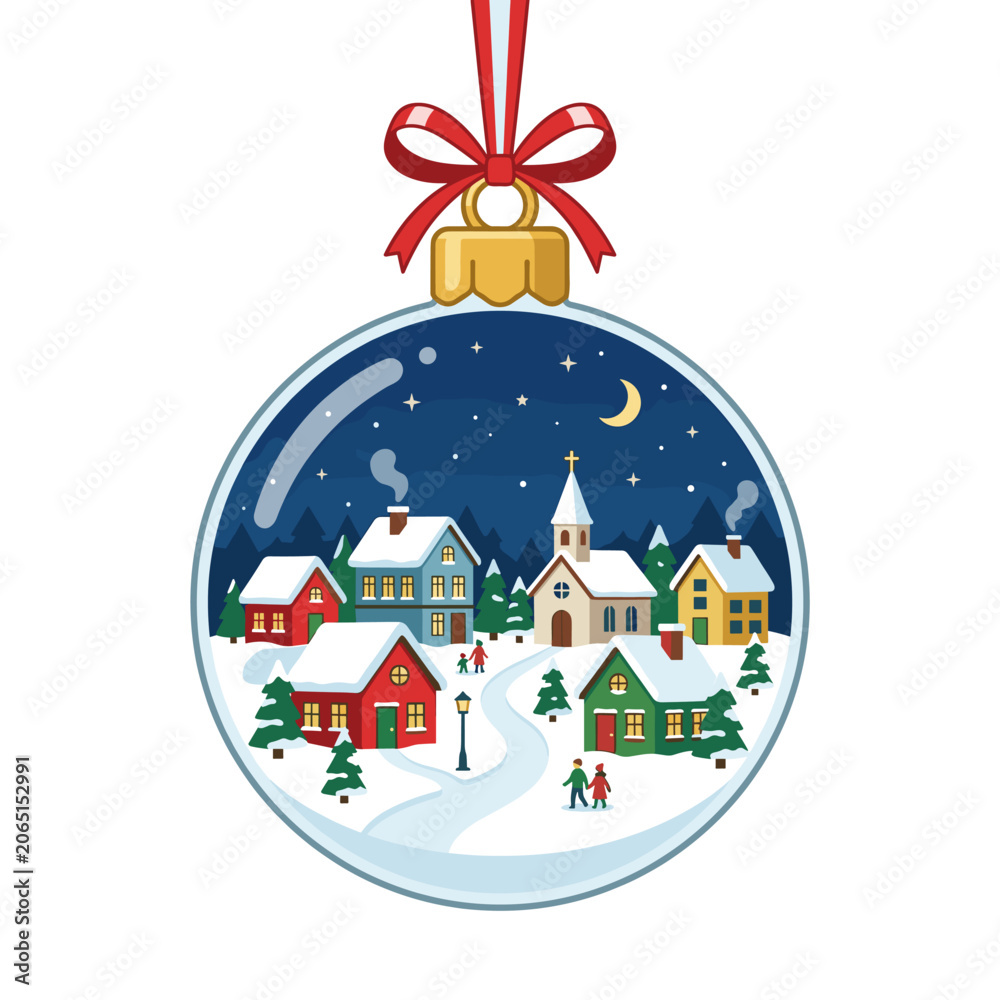 Obraz premium Christmas Bauble with Snowy Village Landscape Illustration