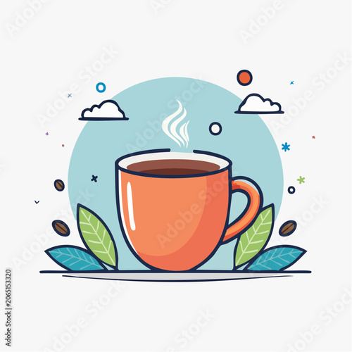 Steaming Cup of Coffee with Leaves and Beans