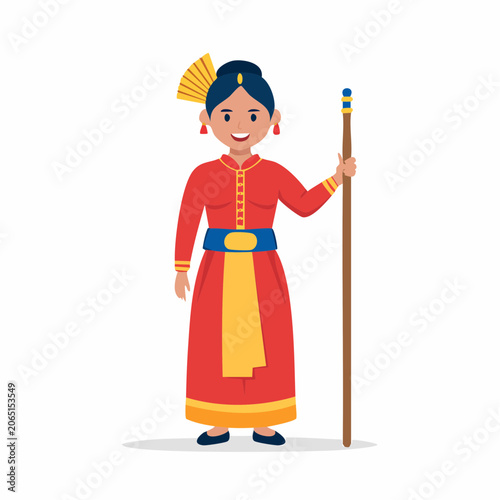 Cartoon Woman in Traditional Red and Yellow Asian Attire Holding a Staff
