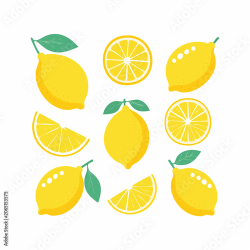 Collection of Yellow Lemons and Slices with Green Leaves