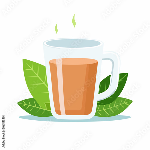 Cup of hot tea with green leaves