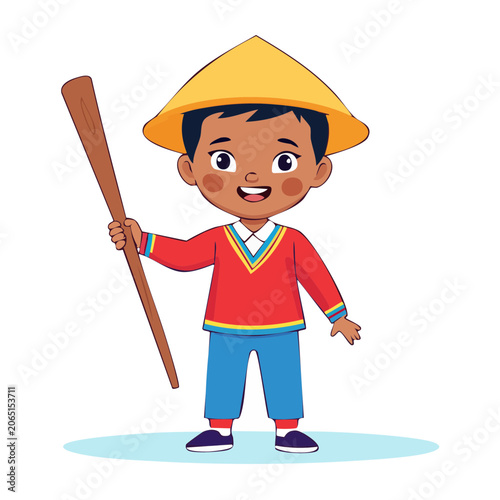 Cartoon boy in traditional conical hat holding a stick