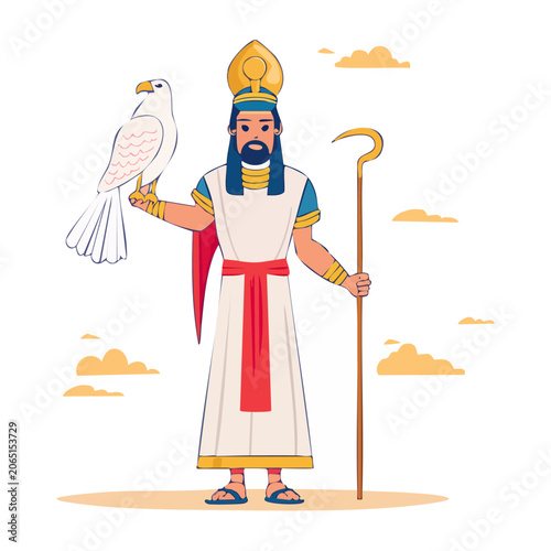 Cartoon ancient king holding an eagle and staff