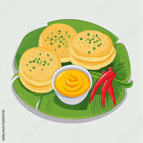 Indian Food Illustration: Dhokla with Chutney and Chili