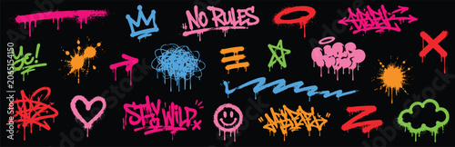 Fotografi Set of colorful graffiti elements, spray paint drips, tags, symbols, and shapes