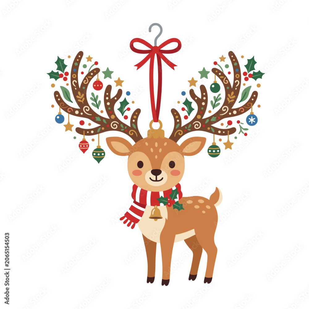 Naklejka premium Cute Christmas reindeer with ornaments and scarf