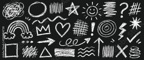 Billede på lærred Set of handdrawn chalk doodles on a black background