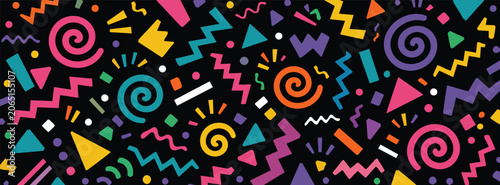 Retro 1990s style seamless pattern featuring colorful geometric shapes, zigzags, spirals, and confetti on a black background for party or fun designs.