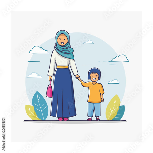 Woman and child holding hands in outdoor illustration