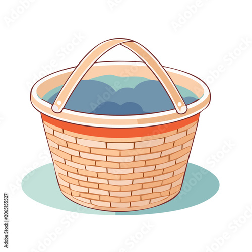 Woven basket with blue fabric and wooden handle illustration