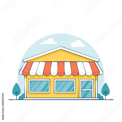 Yellow shop building with striped awning illustration