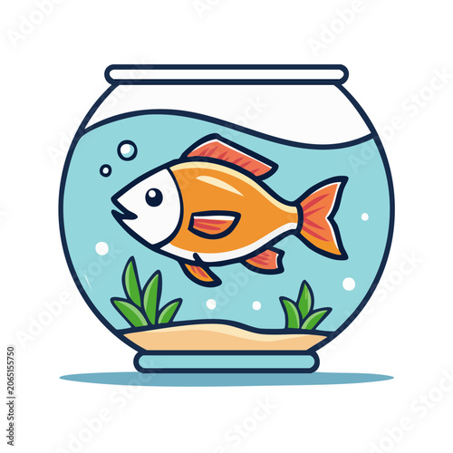 Cartoon goldfish in a fishbowl with seaweed