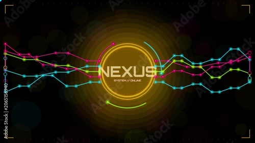 Futuristic nexus digital interface with animated data flow and hud animation