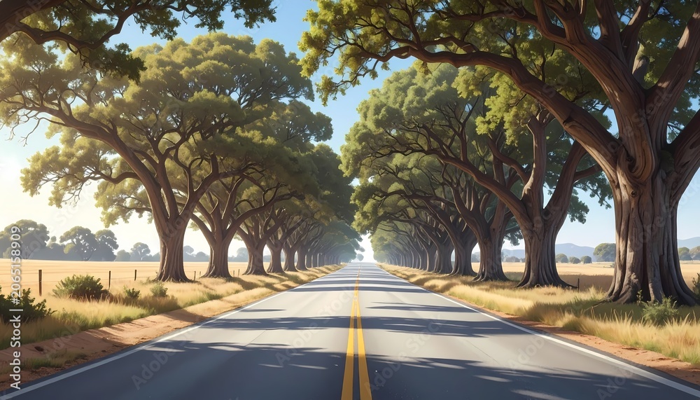 Obraz premium Symmetrical tree-lined asphalt road wide-angle view leading to horizon digital illustration with warm sunlight on golden rural fields background.