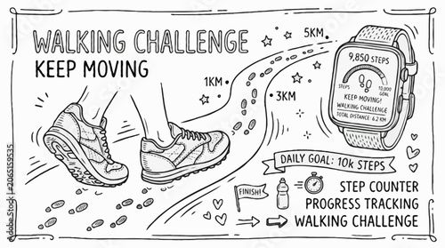 Walking Challenge and Step Tracking Doodle Vector Illustration