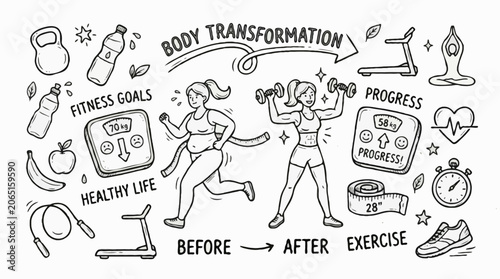 Weight Loss Journey Hand Drawn Doodle Vector Illustration