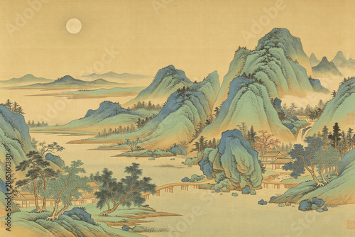 Green Blue Light Ink Classical Landscape Song Dynasty Aesthetics Mid-Autumn Theme