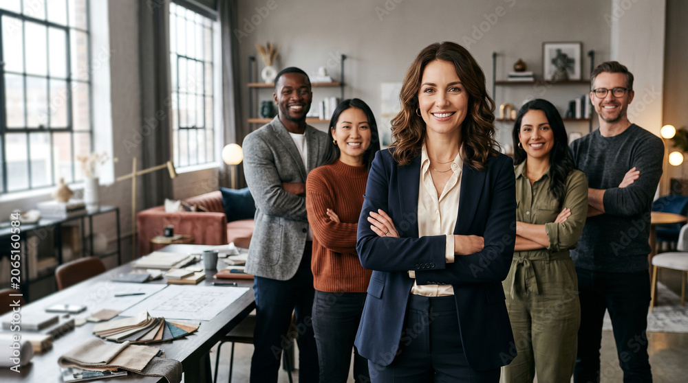 Obraz premium Diverse interior design professionals standing in luxury design studio, led by confident female interior designer, surrounded by creative team, materials, and modern workspace environment.