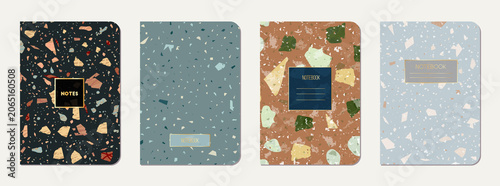 School notebook cover design. Terrazzo abstract background made of natural stones, granite, quartz and marble. Venetian terrazzo texture school notebook template.