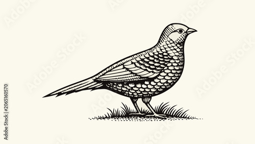 Canvastavla Detailed black and white ink drawing of a bird standing in grass