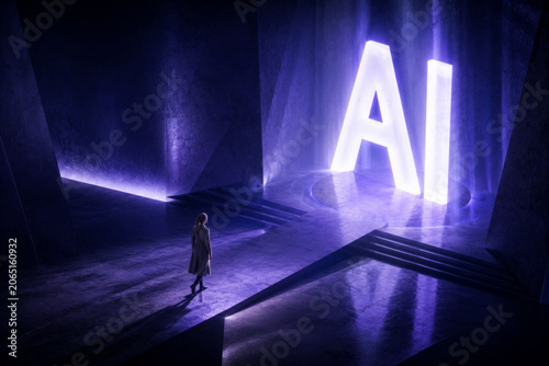 Futuristic glowing AI technology person mysterious purple light shadow modern concept