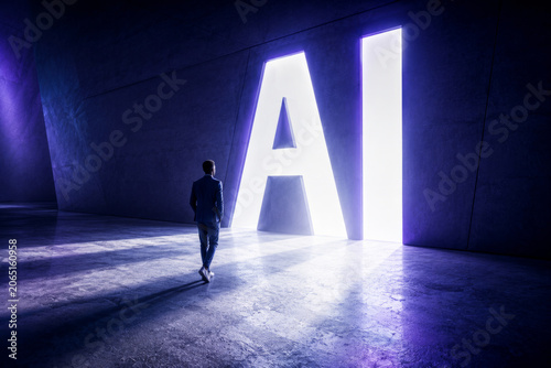 Futuristic man artificial intelligence technology innovation digital concept, glowing AI door