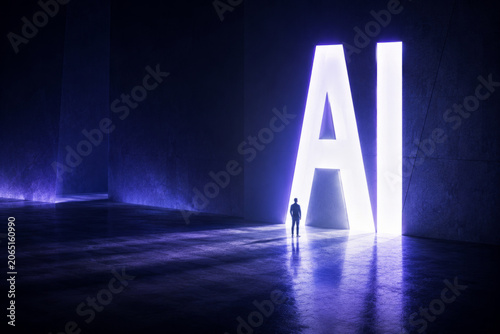 Futuristic glowing AI technology silhouette person standing dark light innovation digital