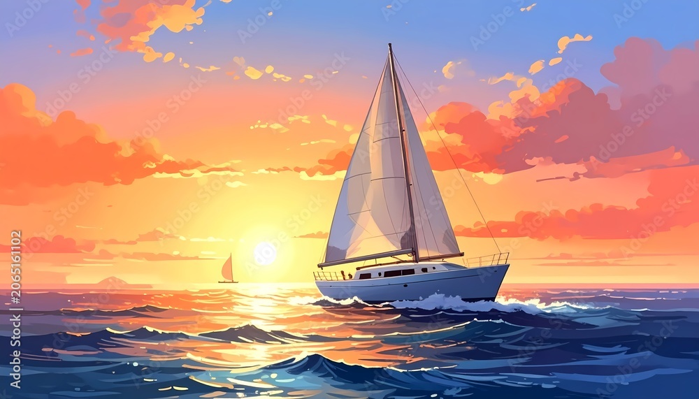 Fototapeta premium White sailboat wide shot sailing at sunset digital illustration with warm golden glow on colorful sky background