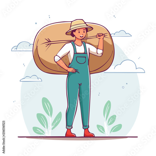 Farmer woman carrying a large sack illustration