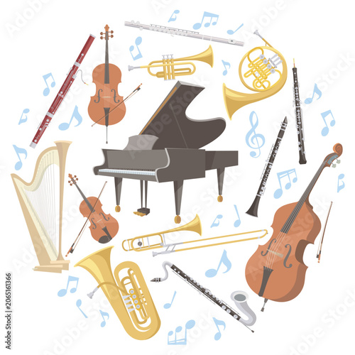 Illustration of orchestral instruments arranged in a circle. Vector illustration in flat cartoon style, isolated on white background.