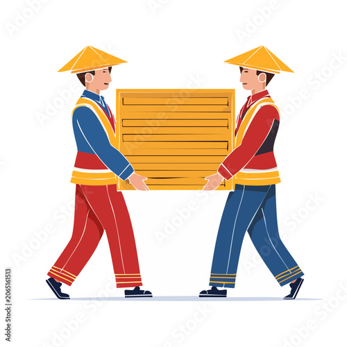 Two workers carrying a wooden crate in traditional hats