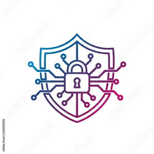 Digital security shield cyber protection icon with lock and circuitry