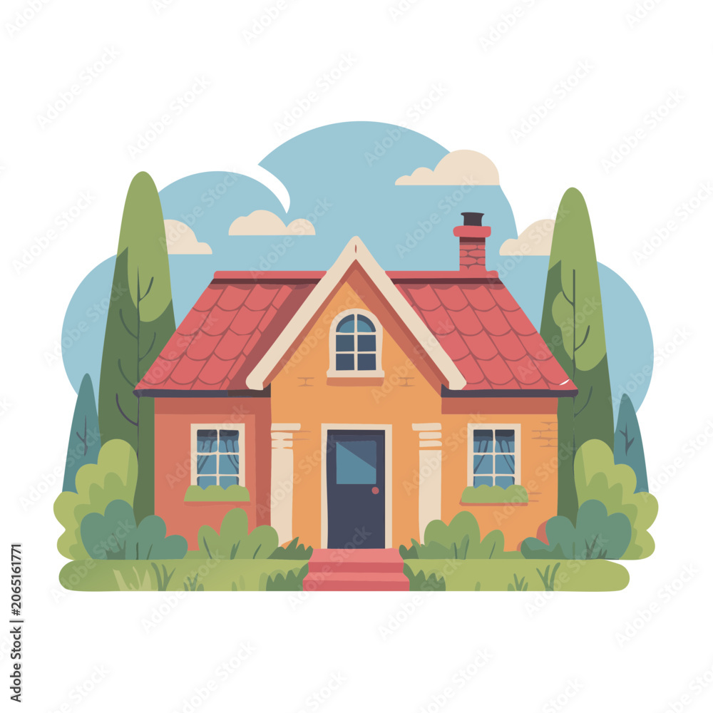 Naklejka premium A cozy house with a red roof and trees in a suburban landscape setting