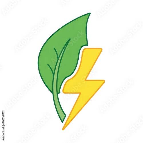 Green leaf and yellow lightning bolt graphic isolated on white background
