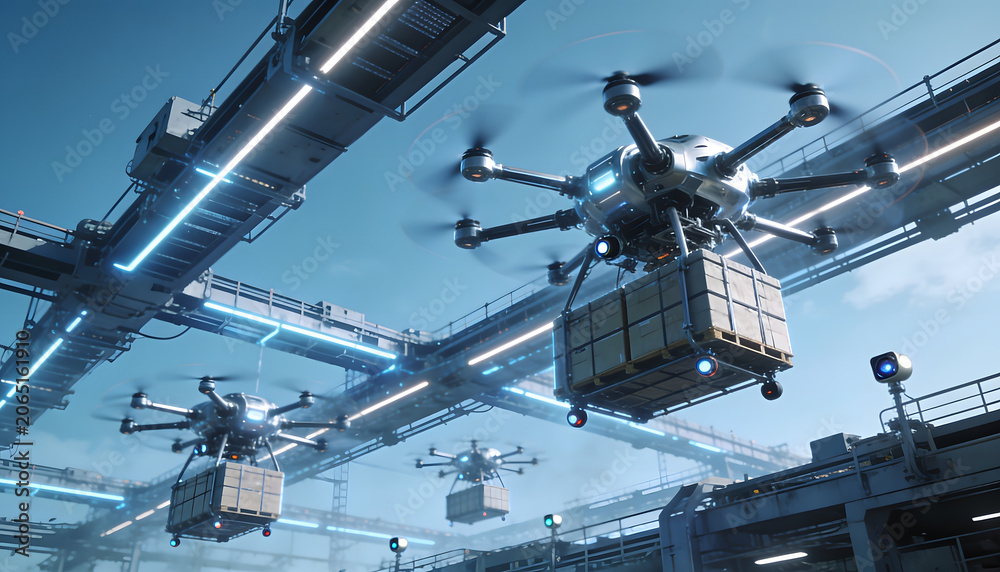 Fototapeta premium Automated Industrial Facility with Delivery Drones Moving Along Skyway Infrastructure
