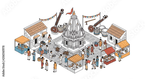 Hindu temple with people around.