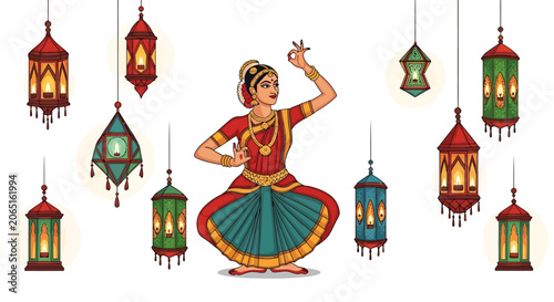 Indian woman dancing traditional Bharatanatyam style.