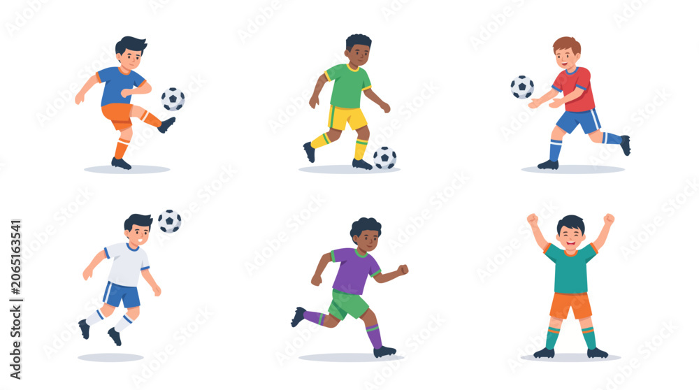 Fototapeta premium Diverse kids playing football kicking heading and celebrating goals