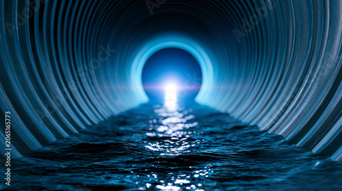 Water flowing inside illuminated tunnel pipe with perspective depth symbolizing sewage system infrastructure and fluid transport