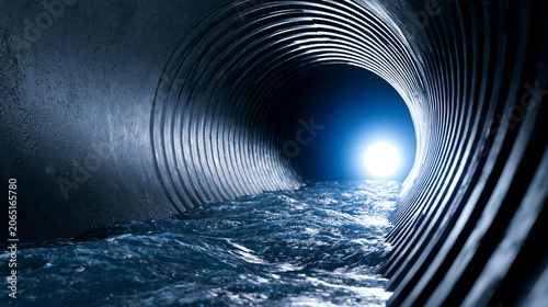 Water flowing inside illuminated tunnel pipe with perspective depth symbolizing sewage system infrastructure and fluid transport