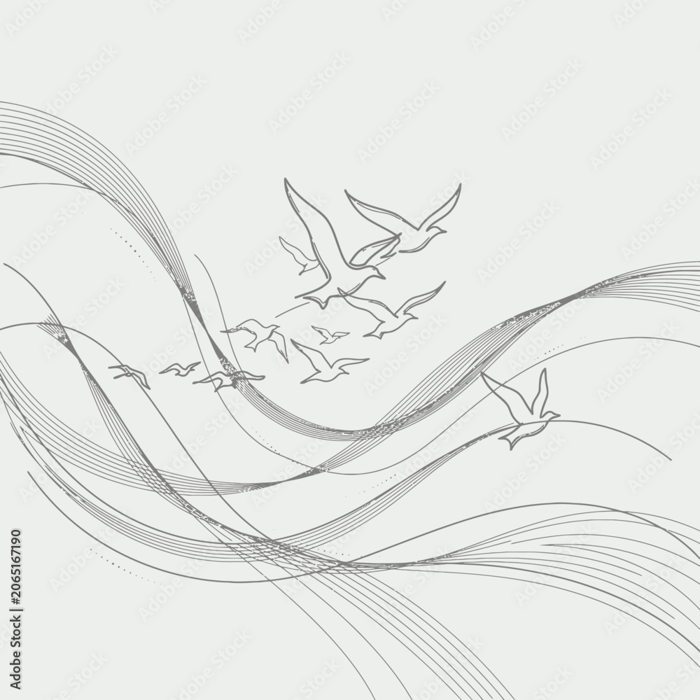 Fototapeta premium Flying swallows with wavy lines background birds minimalist art line art